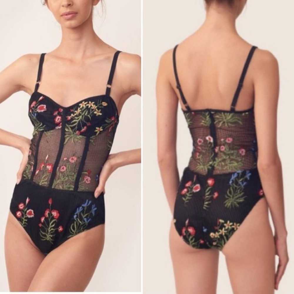 Allen Schwartz Black Mesh Floral Embroidered Body… - image 1