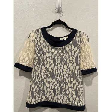 COMME TOI Beige Navy Blue Bows Short Sleeve Blouse