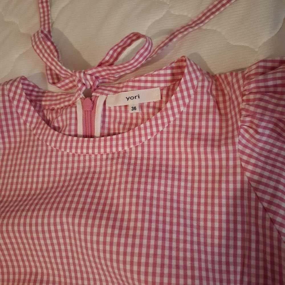 Yori Gingham Short Puff Sleeve Blouse size 36 - image 2