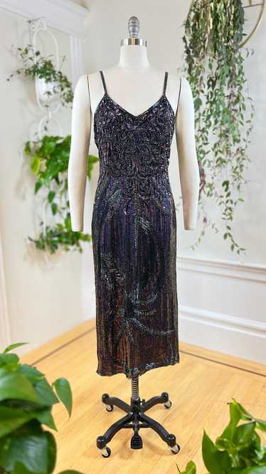 1980s Silk Sequin Beaded Party Dress | small/mediu