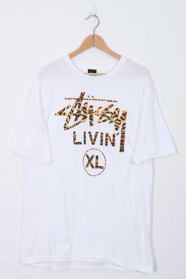 'STUSSY Livin' XL' Cheetah Print Spell Out Logo Wh