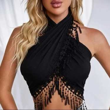 Black Noir Wraparound Lace Fringe Crop Top - image 1