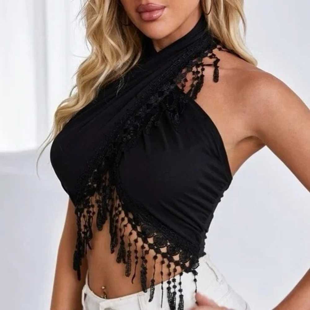 Black Noir Wraparound Lace Fringe Crop Top - image 2