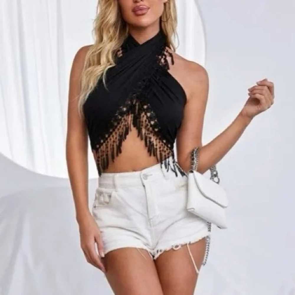 Black Noir Wraparound Lace Fringe Crop Top - image 3