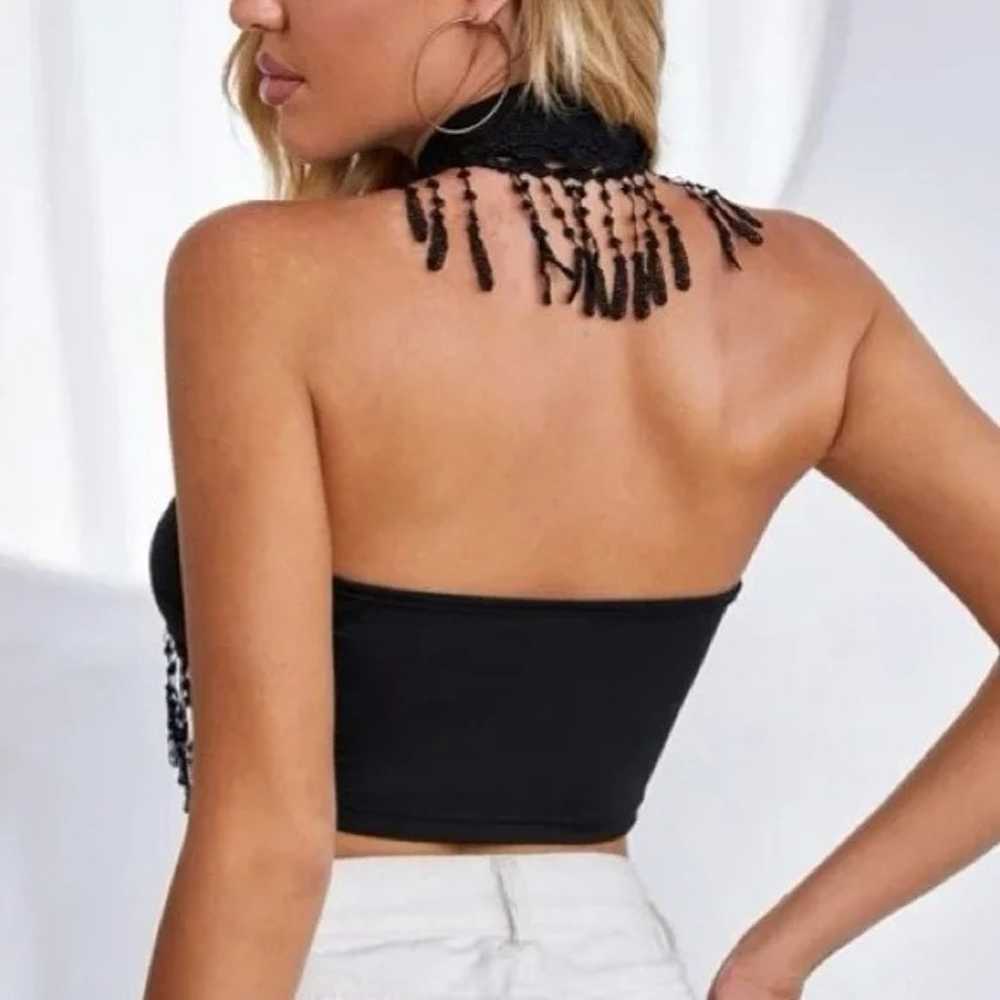 Black Noir Wraparound Lace Fringe Crop Top - image 4