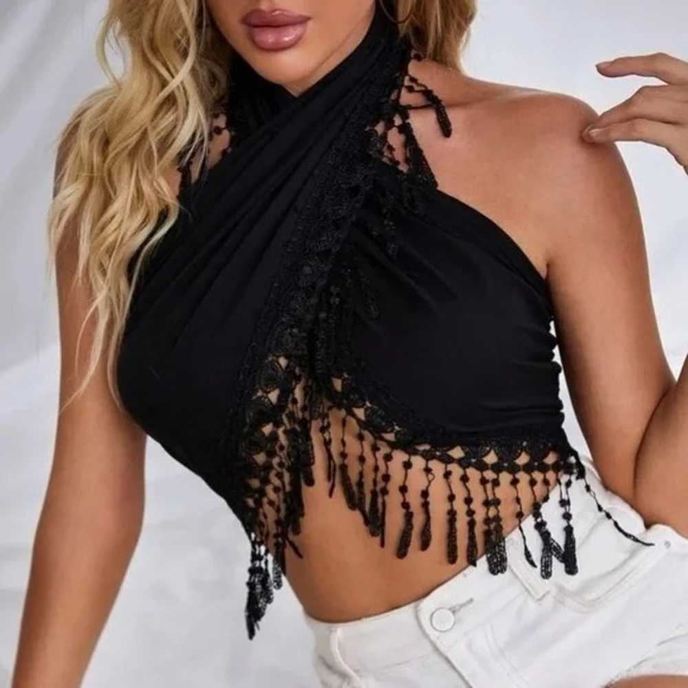 Black Noir Wraparound Lace Fringe Crop Top - image 5