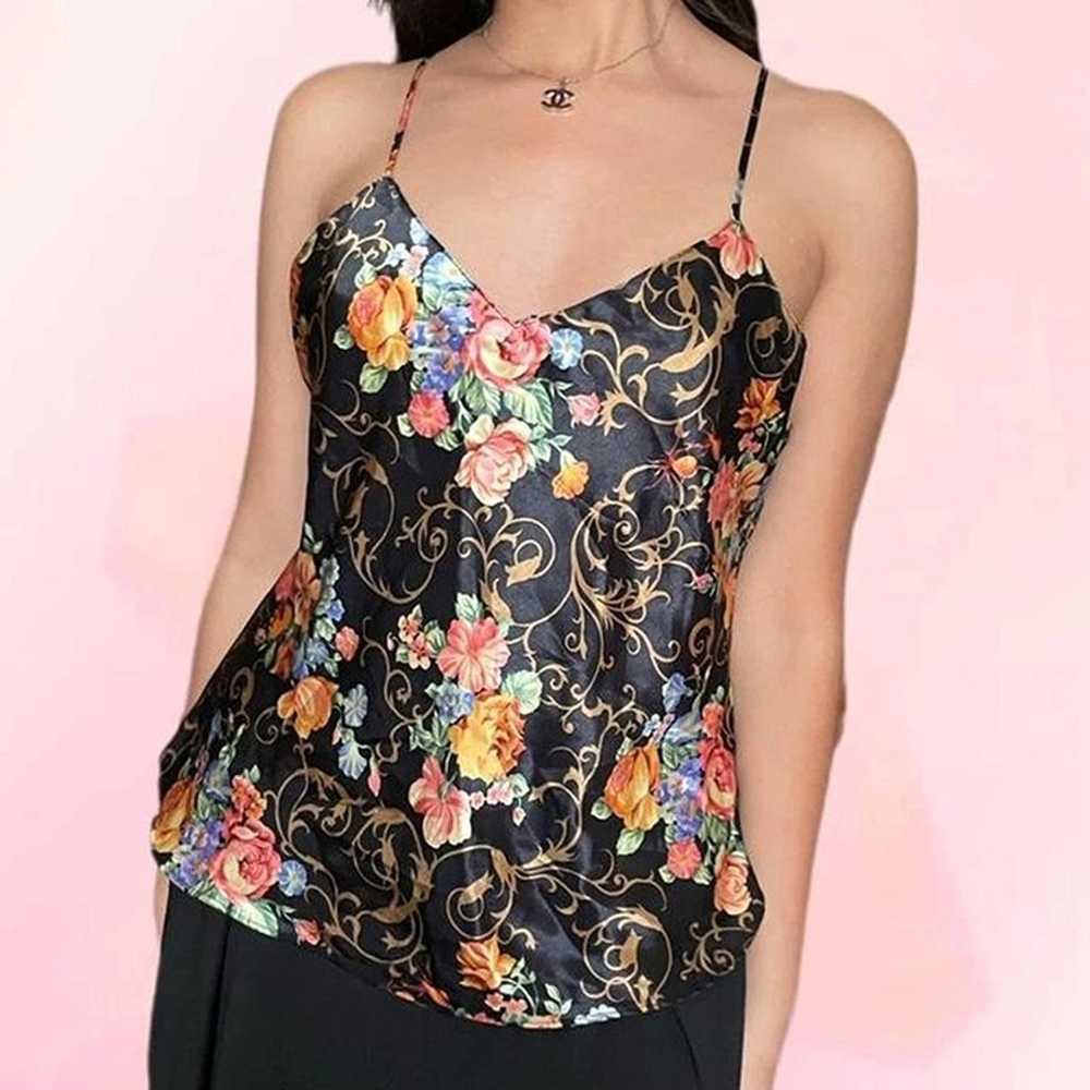 top black floral cami slip with spaghetti straps … - image 2