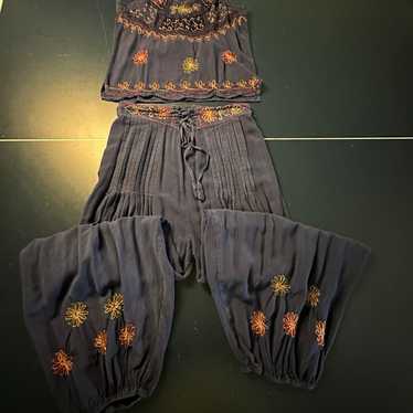 Free People Blue Silk Embroidered Indowestern Leh… - image 1