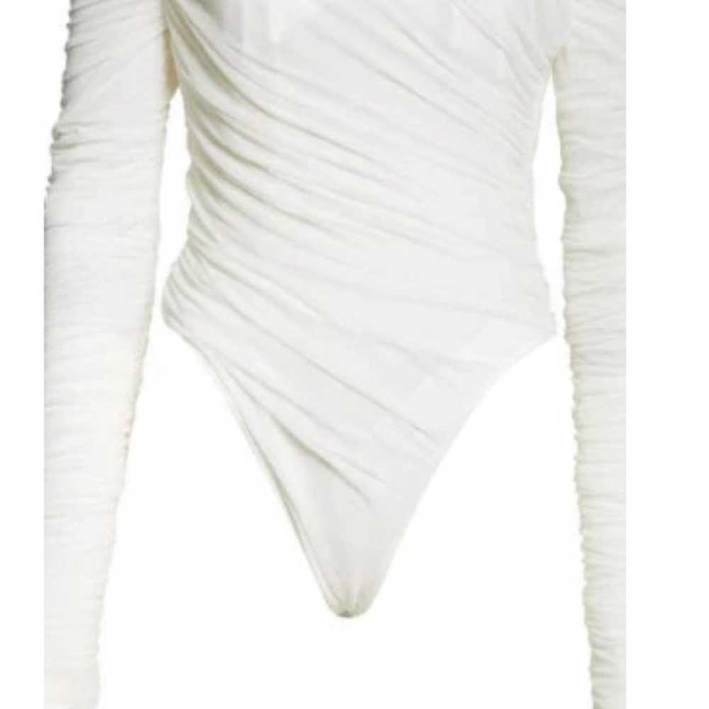 New MUGLER Ruched Off the Shoulder Mesh Bodysuit … - image 1