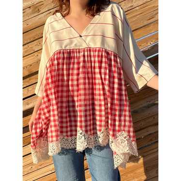 Pero Red Gingham Striped Lace Trim Gathered Tunic… - image 1