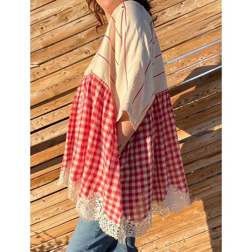 Pero Red Gingham Striped Lace Trim Gathered Tunic… - image 2