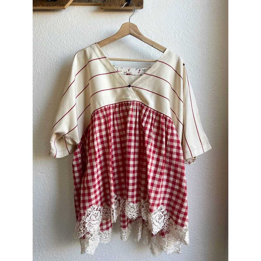 Pero Red Gingham Striped Lace Trim Gathered Tunic… - image 5