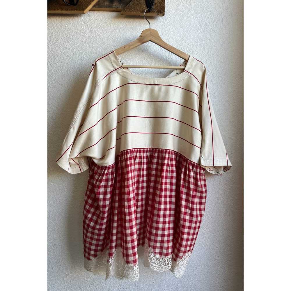 Pero Red Gingham Striped Lace Trim Gathered Tunic… - image 6