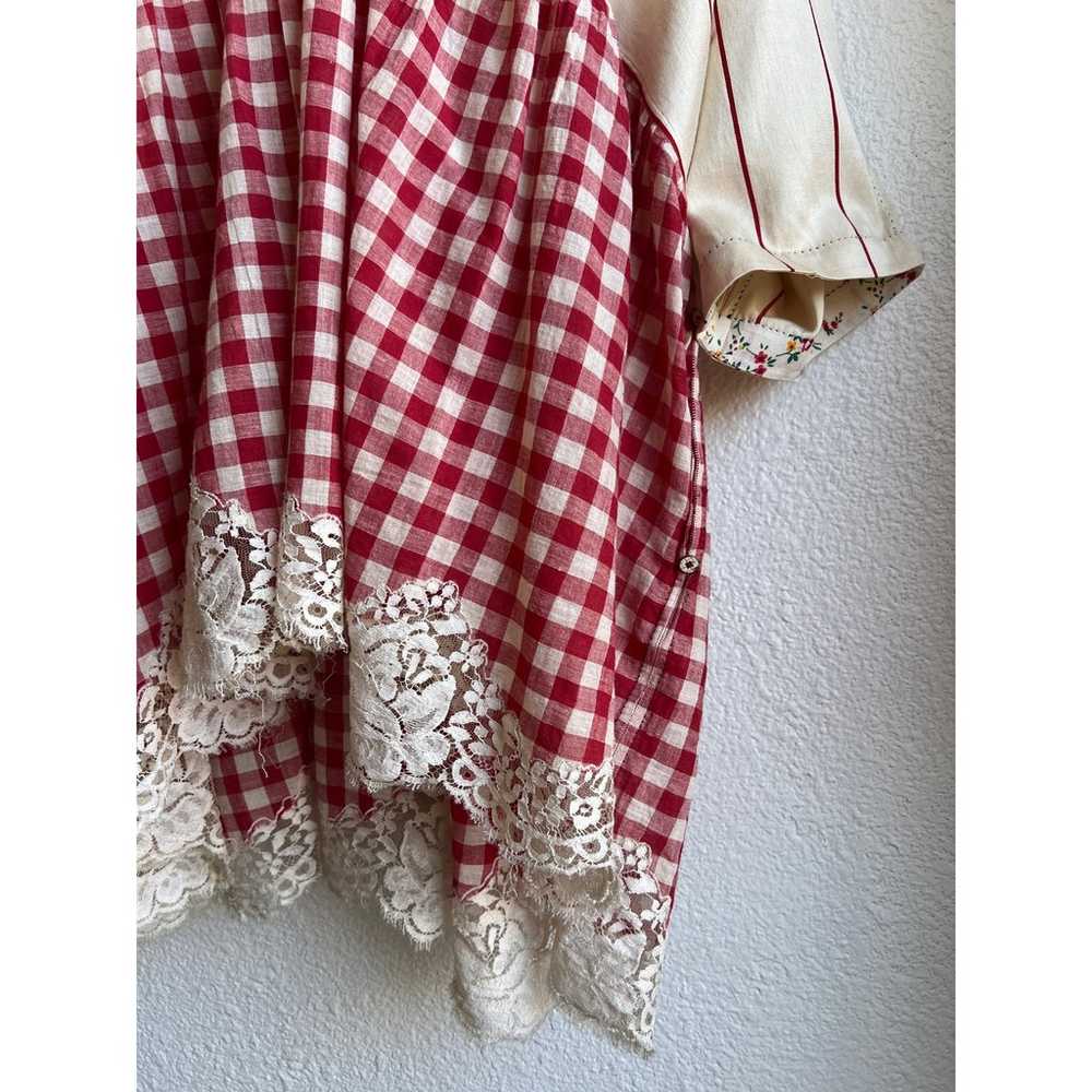 Pero Red Gingham Striped Lace Trim Gathered Tunic… - image 7