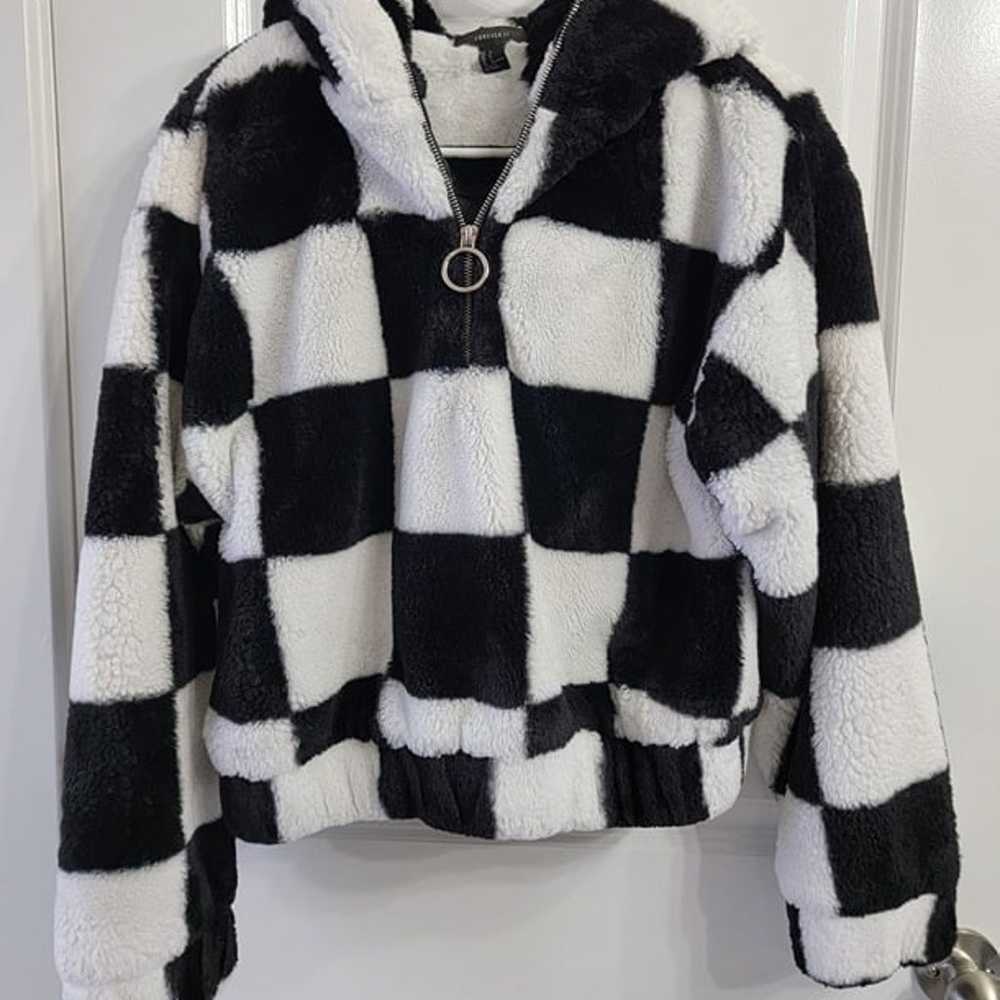 Size S Forever 21 Plush Half Zip Checkered Crop J… - image 1