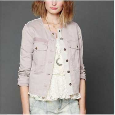 Free People Distressed Pink Denim Bomber Jacket