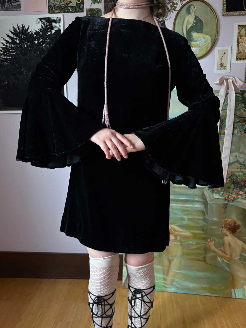 1970s Black Velvet Bat Wing Sleeve Mini Dress - image 2