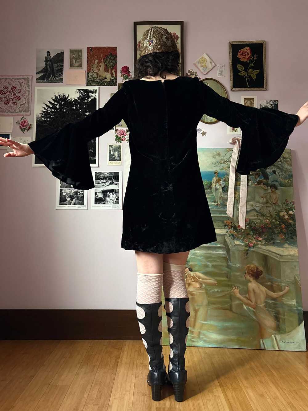 1970s Black Velvet Bat Wing Sleeve Mini Dress - image 4