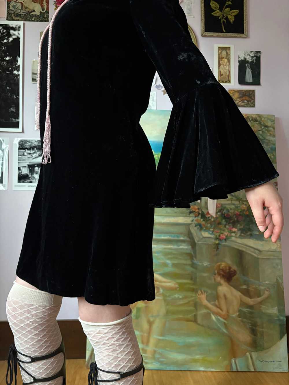 1970s Black Velvet Bat Wing Sleeve Mini Dress - image 6