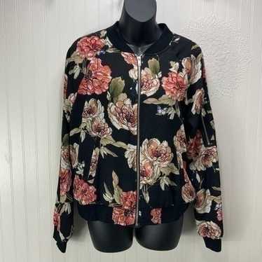 Sanctuary Anthropologie Bomber Jacket Small S Black 2024 Rose Floral Print Zip Front