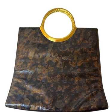 Vintage Faux Leather Tote Bag With Gold Metal Cir… - image 1