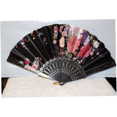 Vintage Small Hand Held Flower Design Black Fan w… - image 1