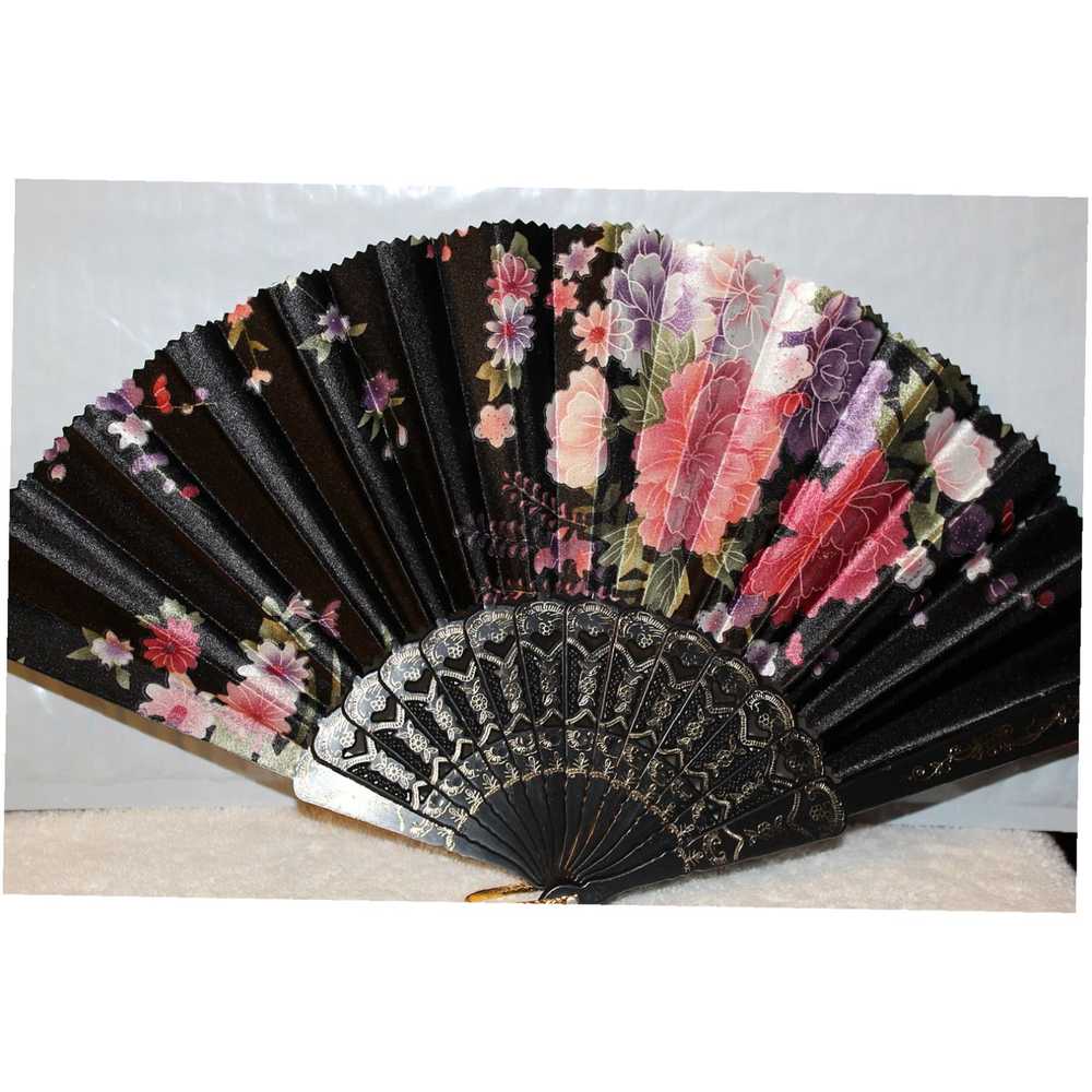 Vintage Small Hand Held Flower Design Black Fan w… - image 2