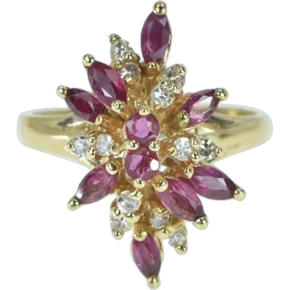 14K Marquise Ruby Diamond Cluster Statement Ring … - image 1