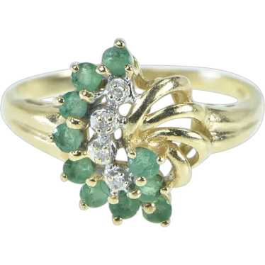 10K Vintage Emerald Diamond Fanned Cluster Ring Si