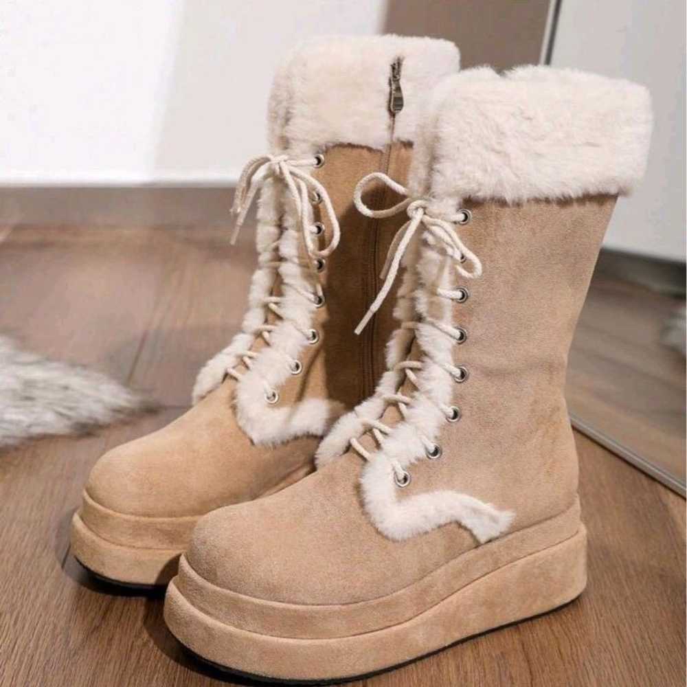 Beige suede boots with thick soles, made of shear… - image 2