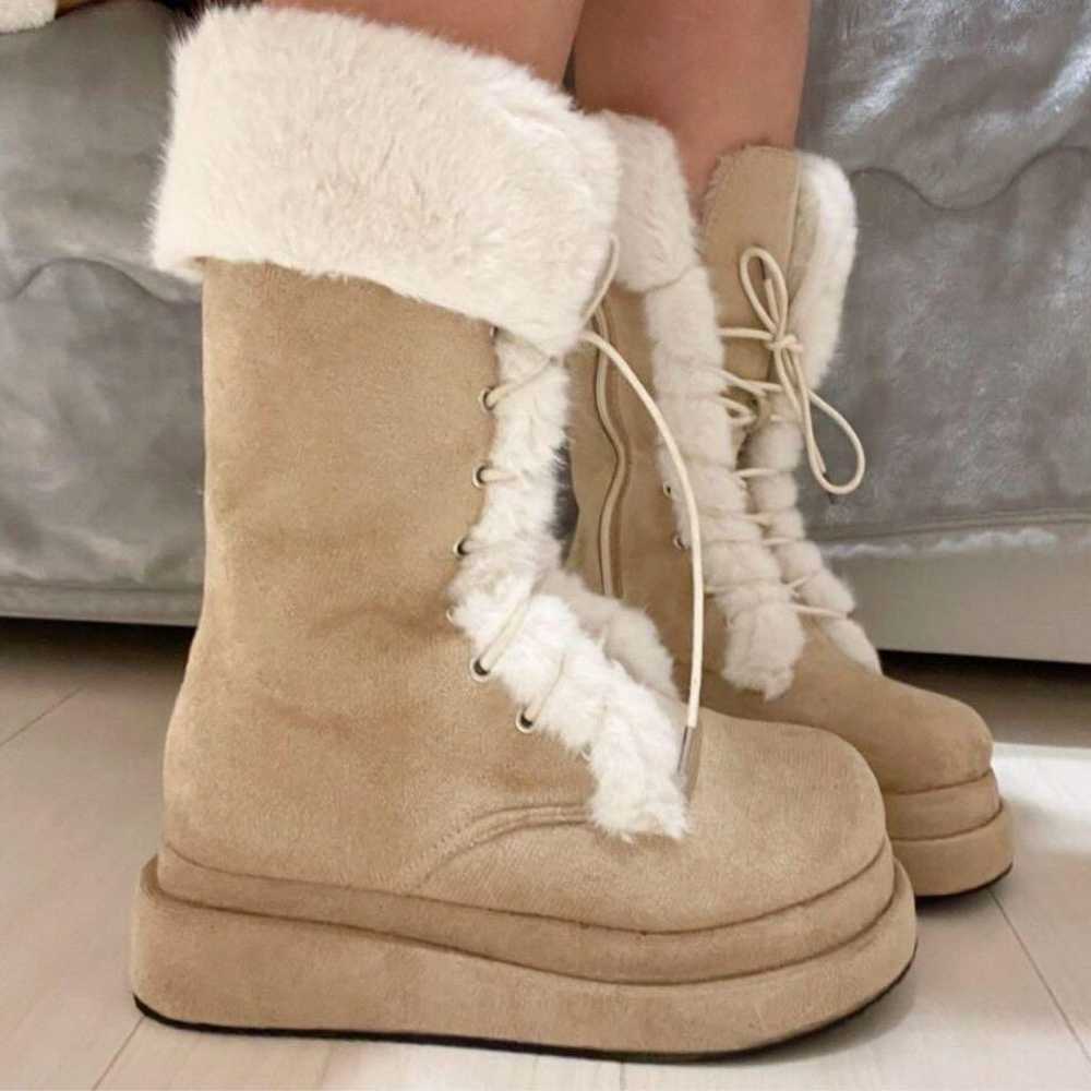 Beige suede boots with thick soles, made of shear… - image 3