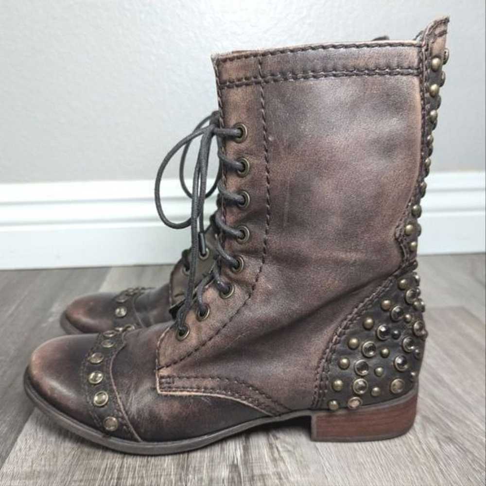 Gianni Bini Brown leather lace up crystal studded… - image 4