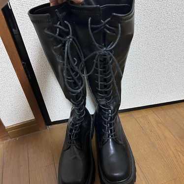 Black Lace-Up Long Boots with Side Zipper, 24.0 cm - image 1