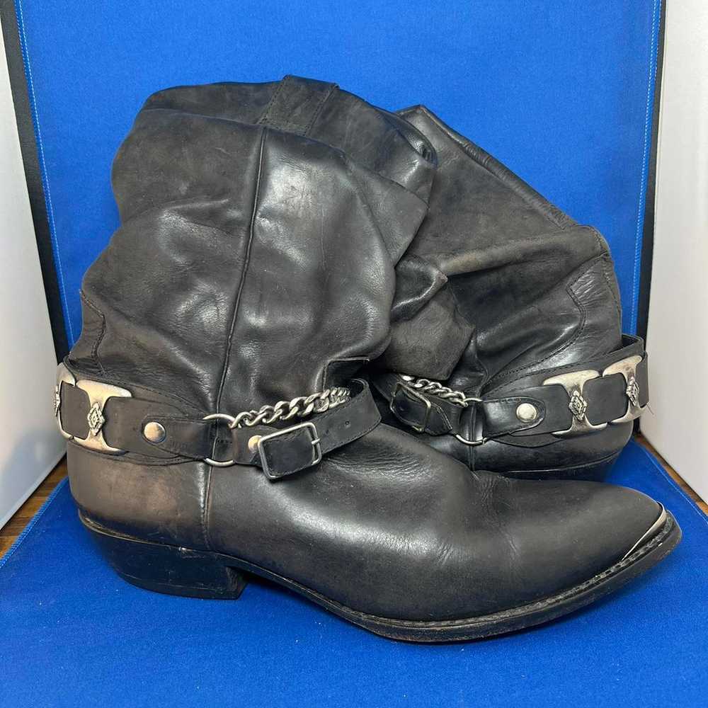 Vintage Black Leather Cowboy Boots with Chain Det… - image 2