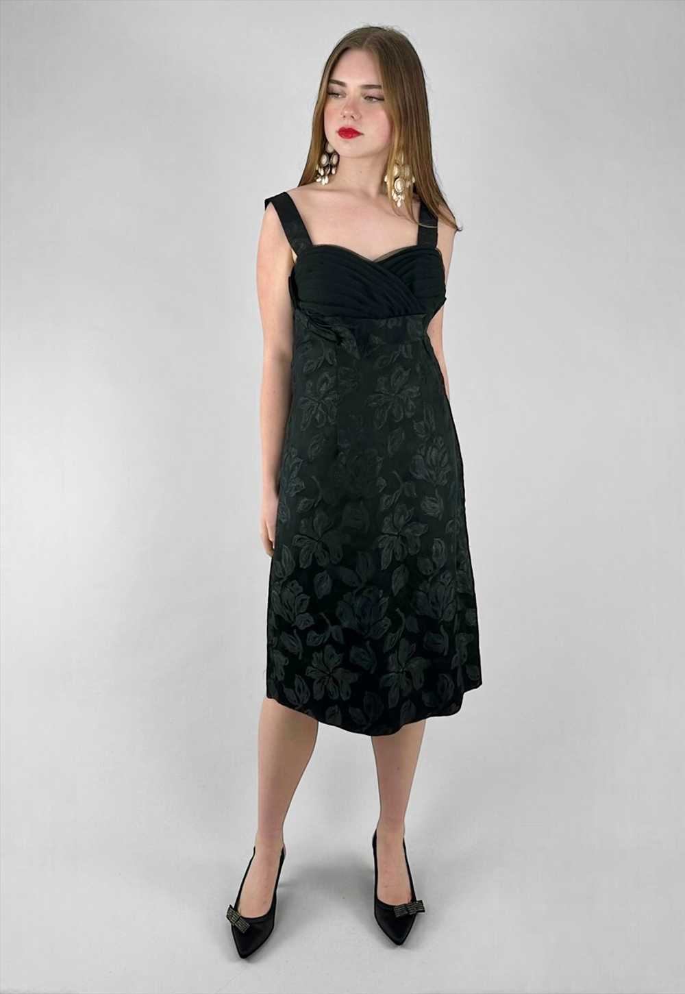 50's Vintage Black Satin Ladies Evening Floral Dr… - image 4