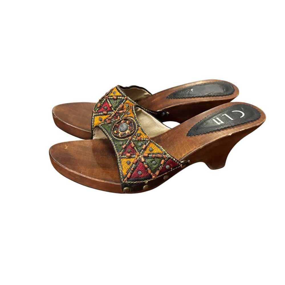 Vintage Wooden Sole Embroidered beaded Wedge Sand… - image 1