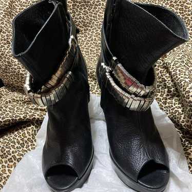 Black Leather Open-Toe Booties High Heel