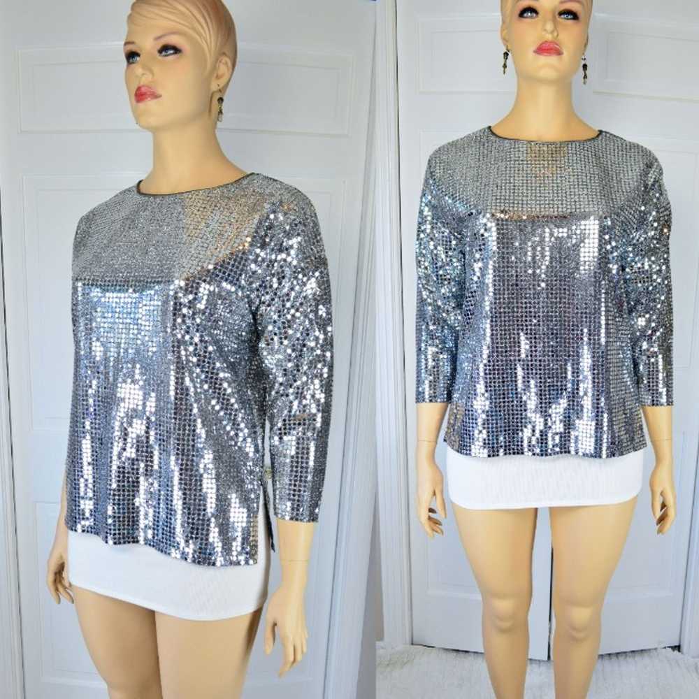 VTG Three Flaggs Silver Sequin Dot Sheer Metallic… - image 1