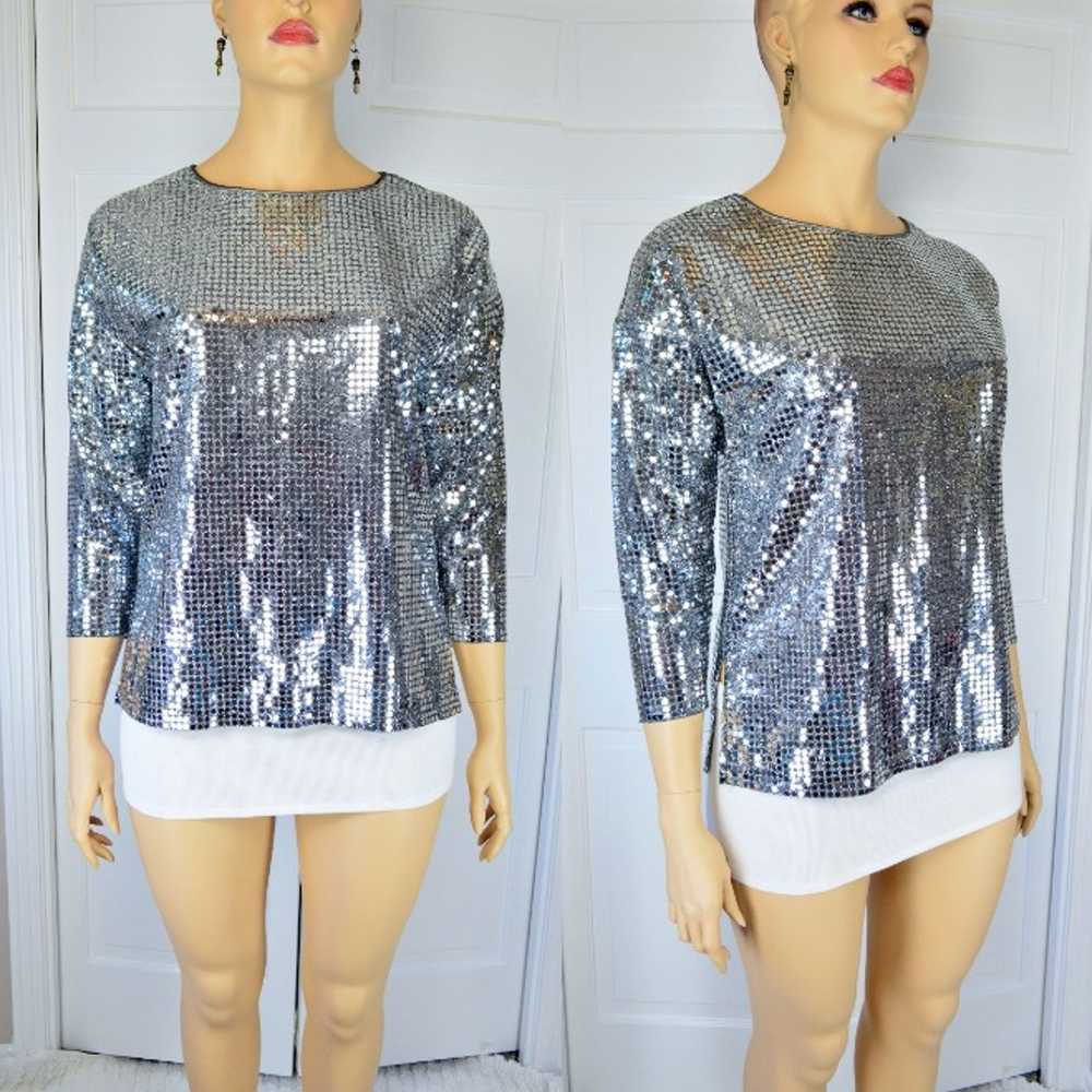 VTG Three Flaggs Silver Sequin Dot Sheer Metallic… - image 2