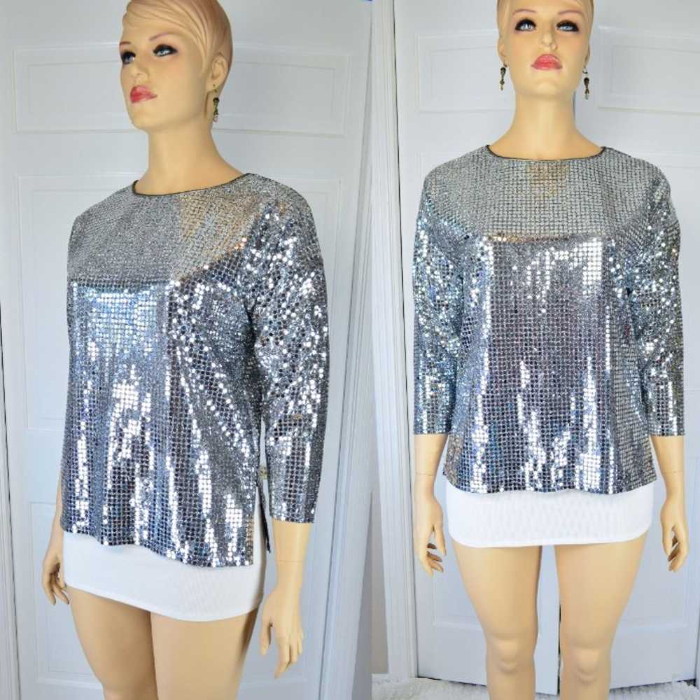 VTG Three Flaggs Silver Sequin Dot Sheer Metallic… - image 3