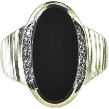 14K Black Onyx Diamond Vintage Grooved Ring Size … - image 1