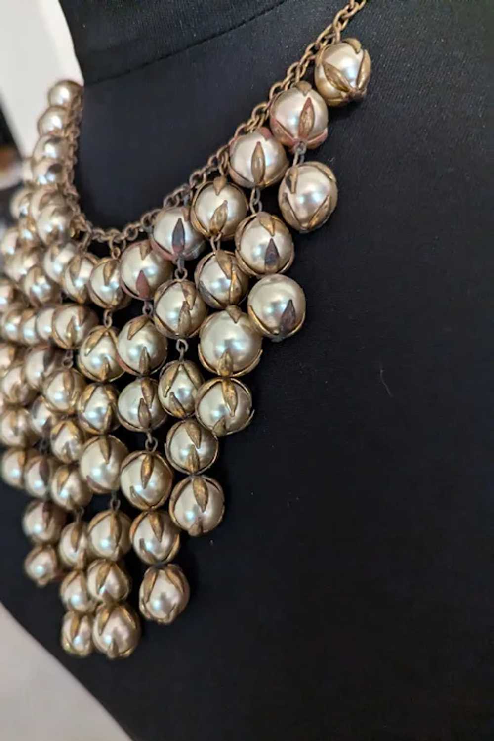 Art Deco Era Big Caged Faux Pearl Drops Bib Neckl… - image 2