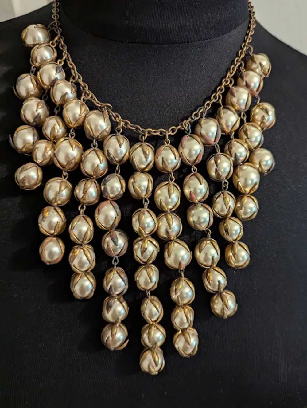 Art Deco Era Big Caged Faux Pearl Drops Bib Neckl… - image 3