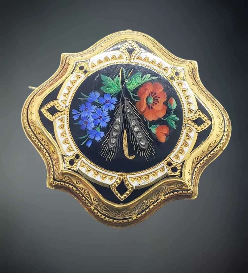 Unique Antique 18K Gold Enamel Floral Brooch pin … - image 3