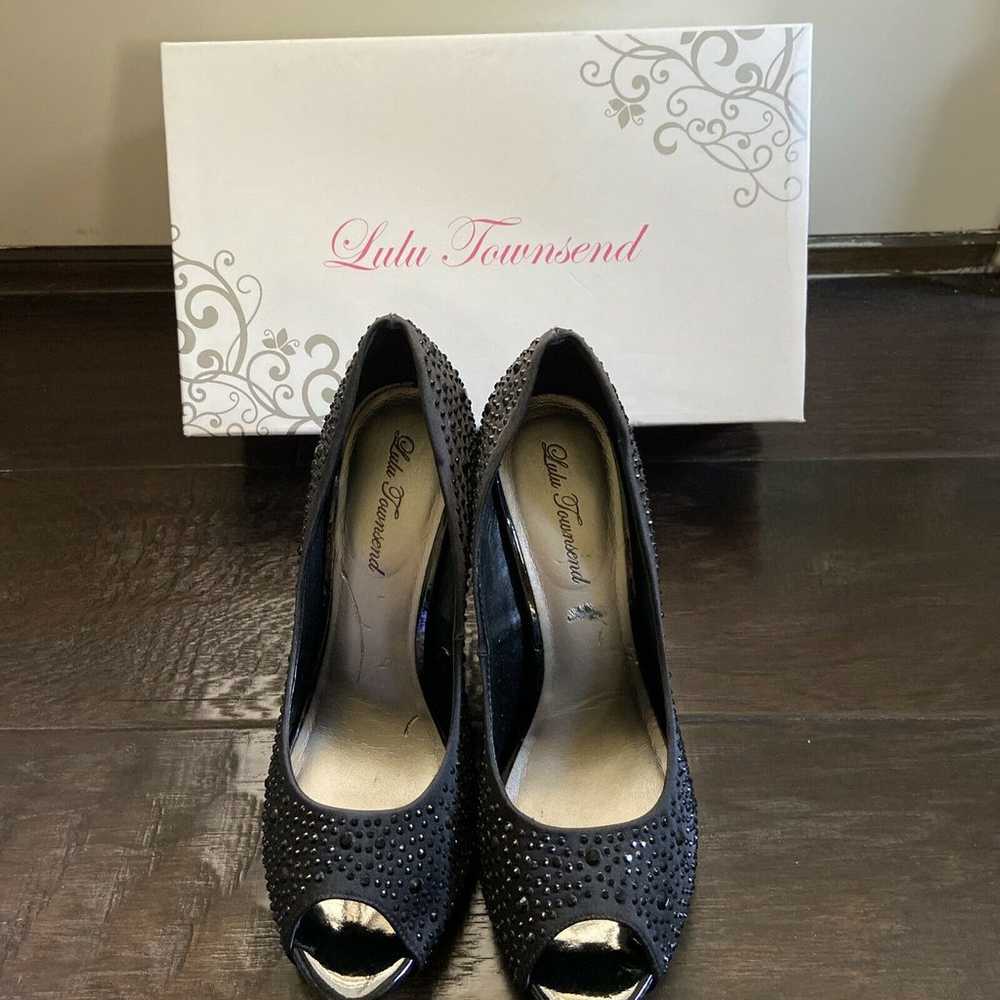 Lulu Townsend Black Satin & Rhinestone Peep Toe H… - image 3