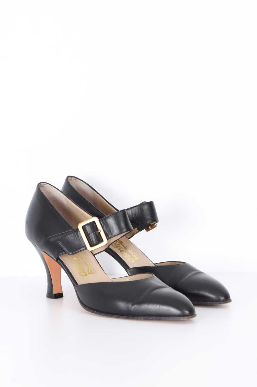 SALVATORE FERRAGAMO Black Leather Mary Jane Heels… - image 1