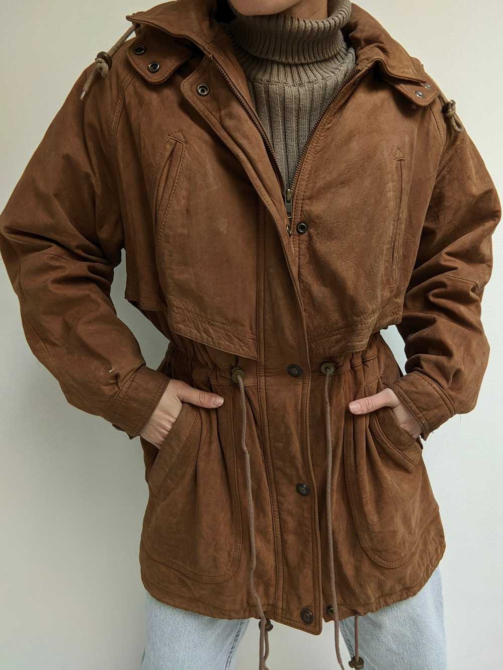 Vintage Tobacco Padded Leather Coat - image 3