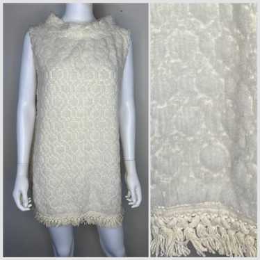 1960s Cream Chenille Mini Dress with Fringe, Sears