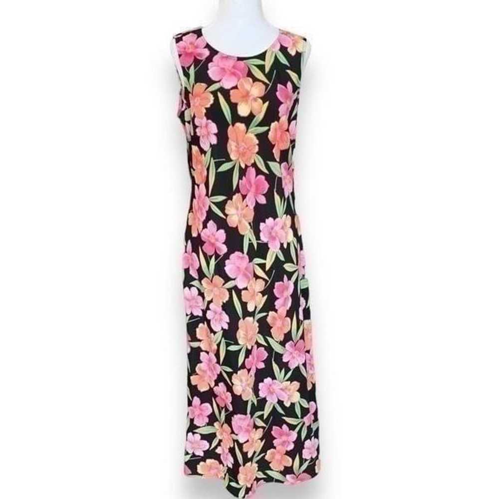 Vintage Dress Black Pink Tropical Floral Print Sl… - image 1