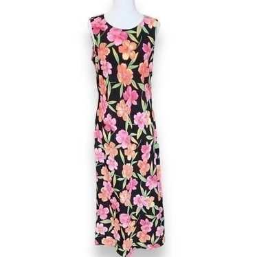 Vintage Dress Black Pink Tropical Floral Print Sl… - image 1